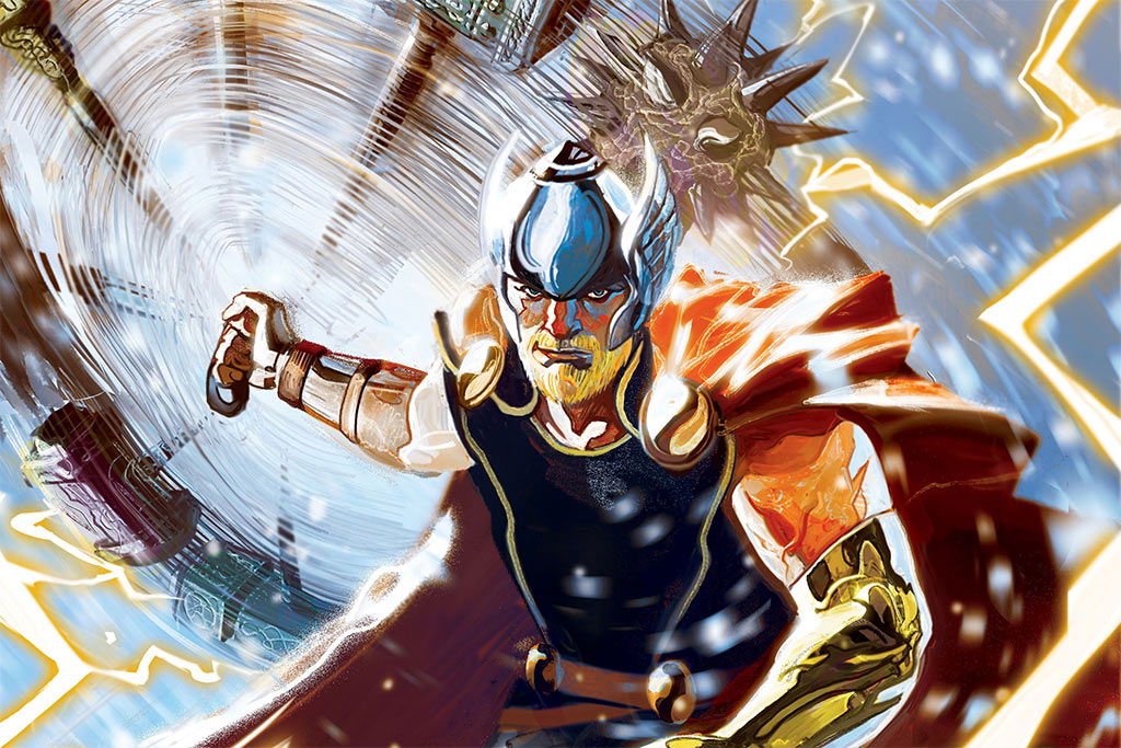 Thor the God of Thunder wielding the mighty hammer Mjollnir or